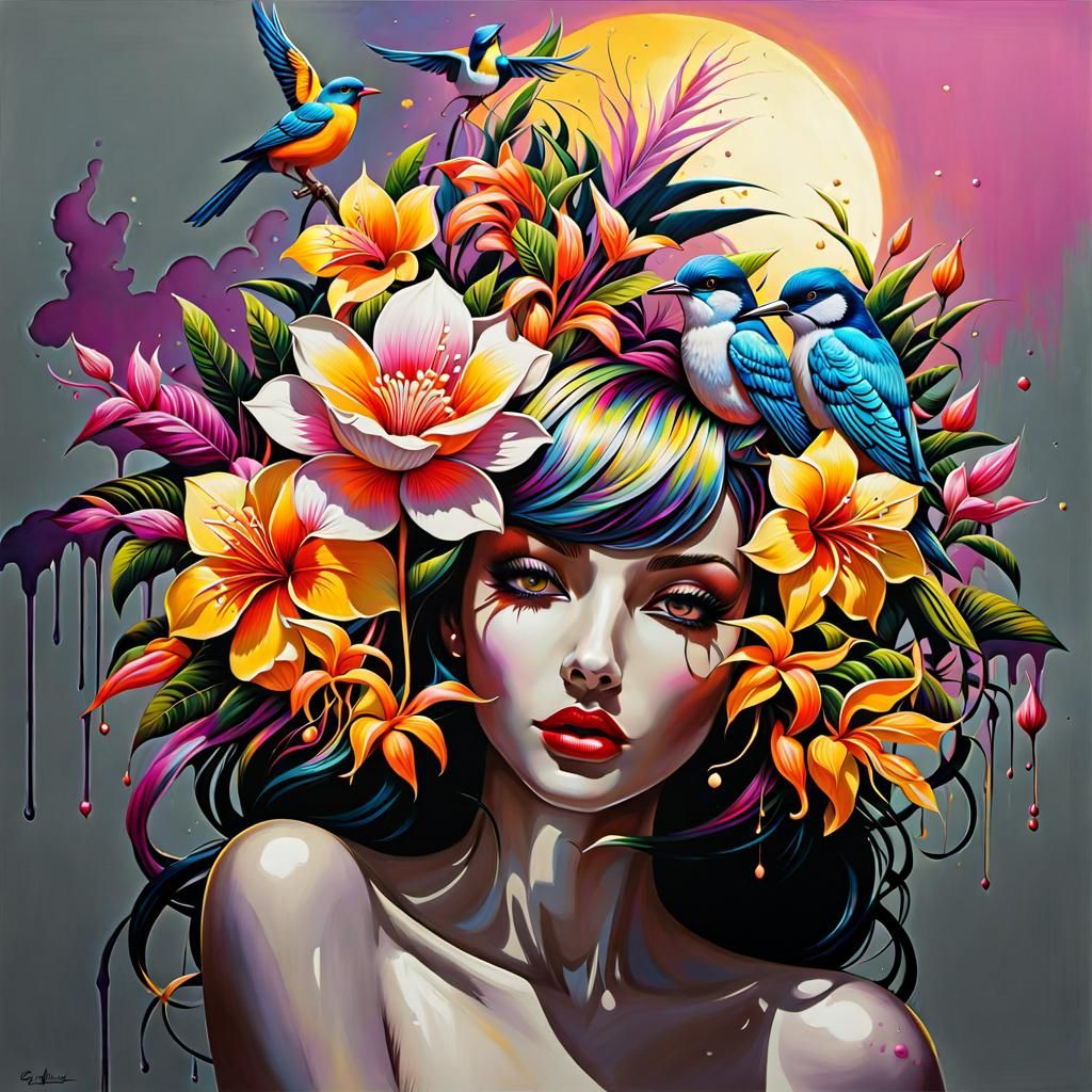 Moonlit Jungle Graffiti Art with Exotic Flowers