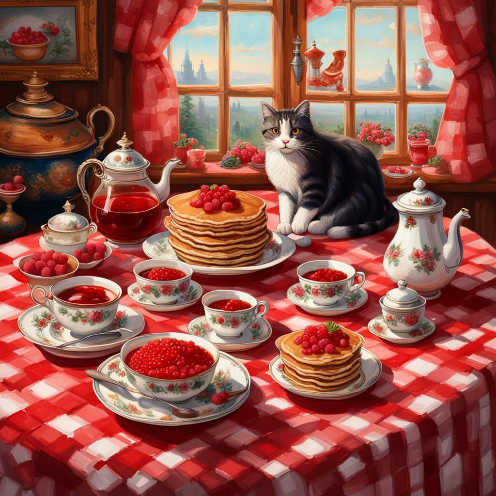 Pancakes, Caviar, Tea, and Cat Still Life