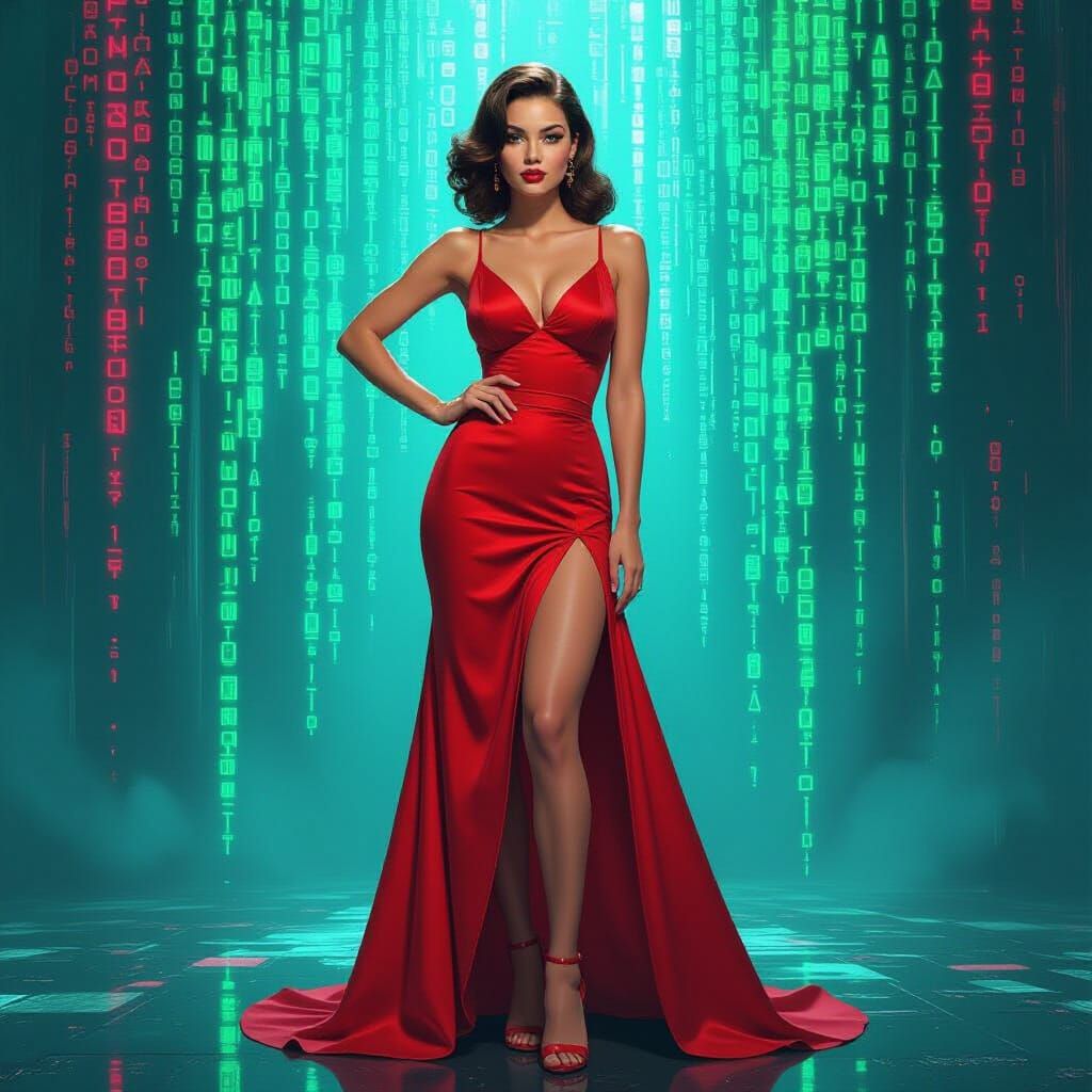 1950s Pin-Up with Cyberpunk Code Overlay