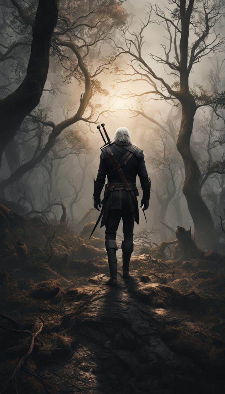 The Witcher in a Haunting, Muted Forest Landscape