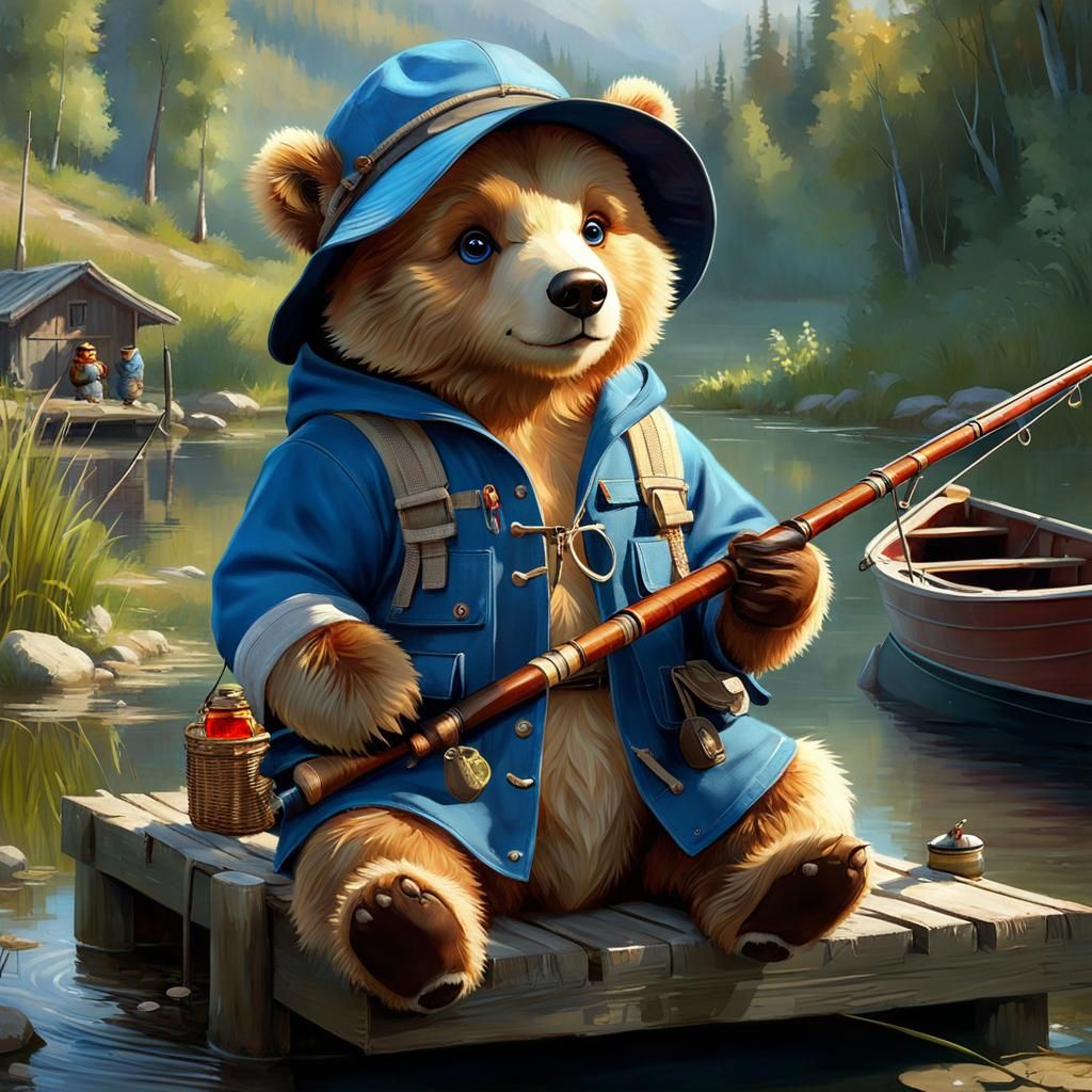 Adorable Bear Fisherman by Pond in Detailed Painting