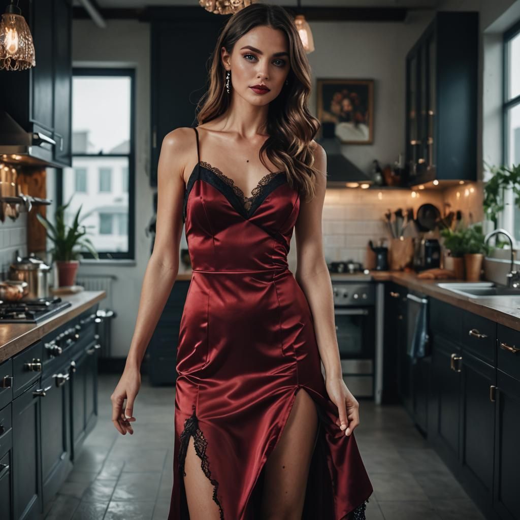 Stylish Woman in Red Satin Dress, Realistic 4K Portrait