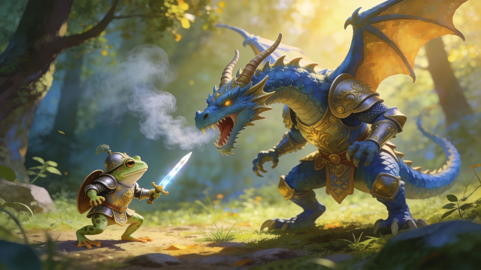 Frog Knight Battles Fearsome Dragon in Fairy Tale Style