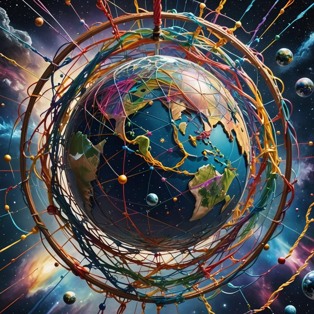 Majestic Spherical Flat Earth Connected by Colorful Strings