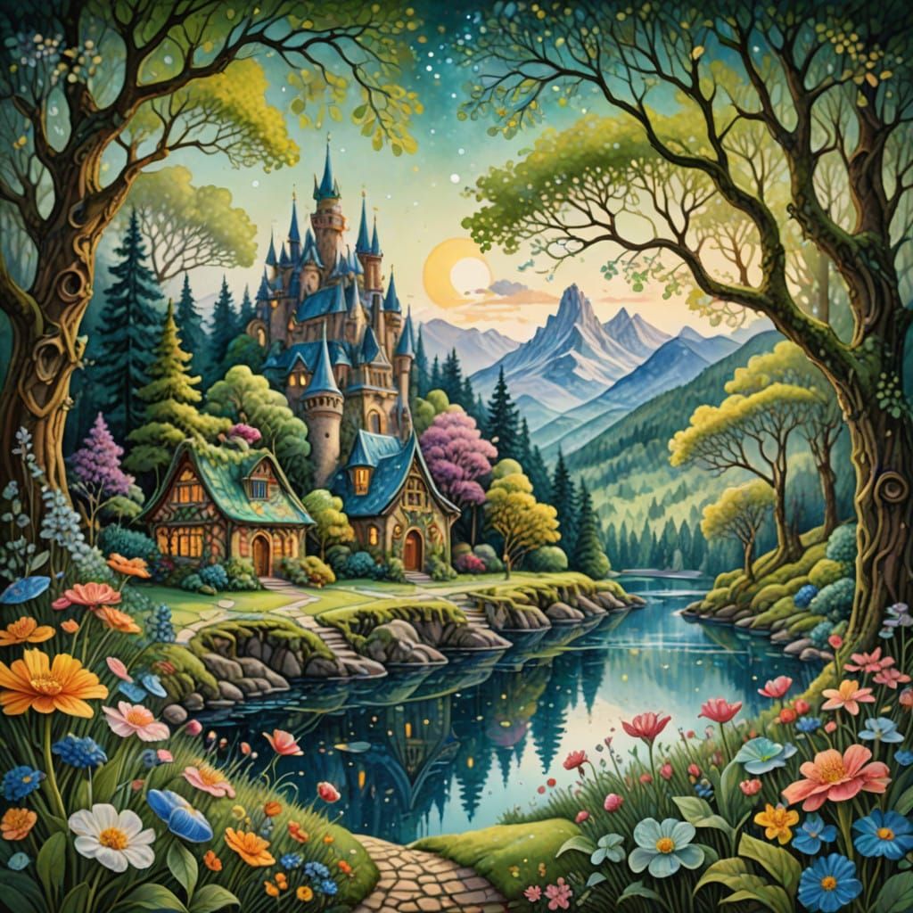mesmerizing masterpiece inspired by the intricate ornamentation of a fairy tale landscape, capturing the essence of a de...