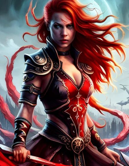 Terrifying Redhead Blood Magess Rising from Inky Seas