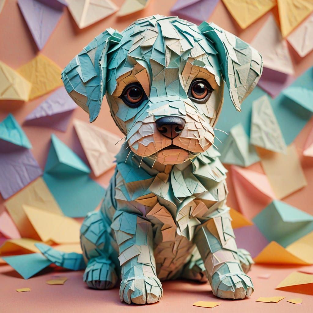 Colorful Paper Mache Puppy in 3D Digital Art