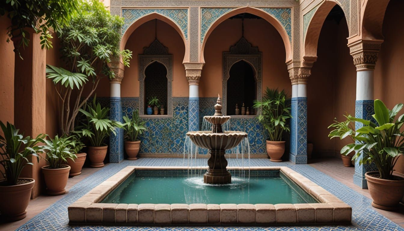 Marrakech Riad Fountain with Azulejo Tiles
