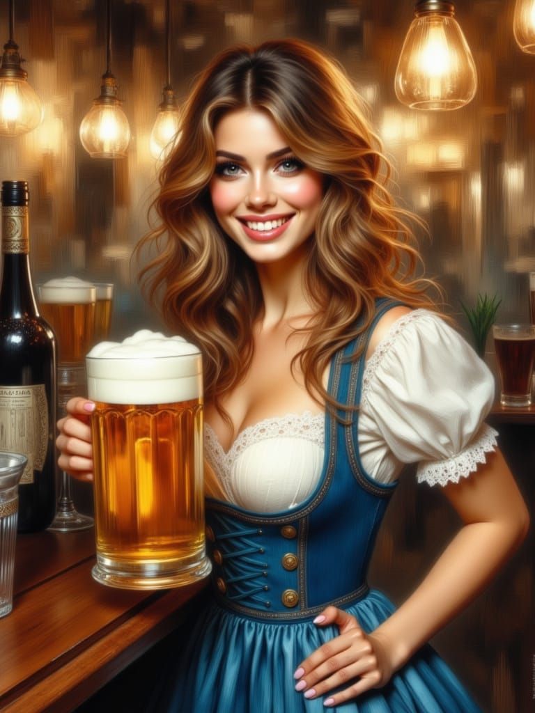 Bavarian Pin-Up Woman Enjoys Beer in Tavern Oil Painting