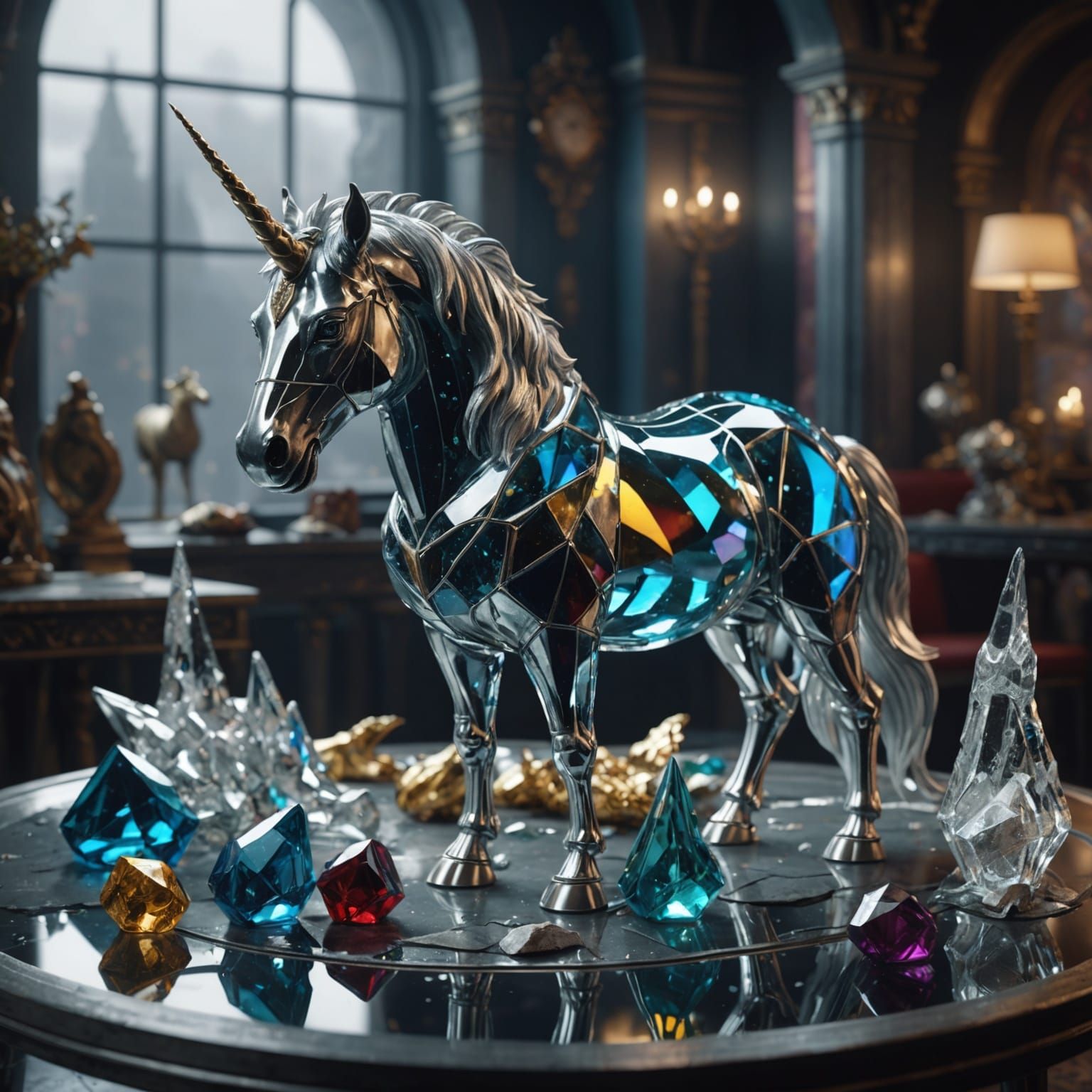 Glass Unicorn Grieves Broken Horn in Matte Painting