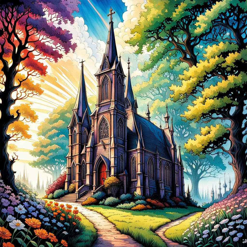 Enchanted Gothic Church in Watercolor Countryside