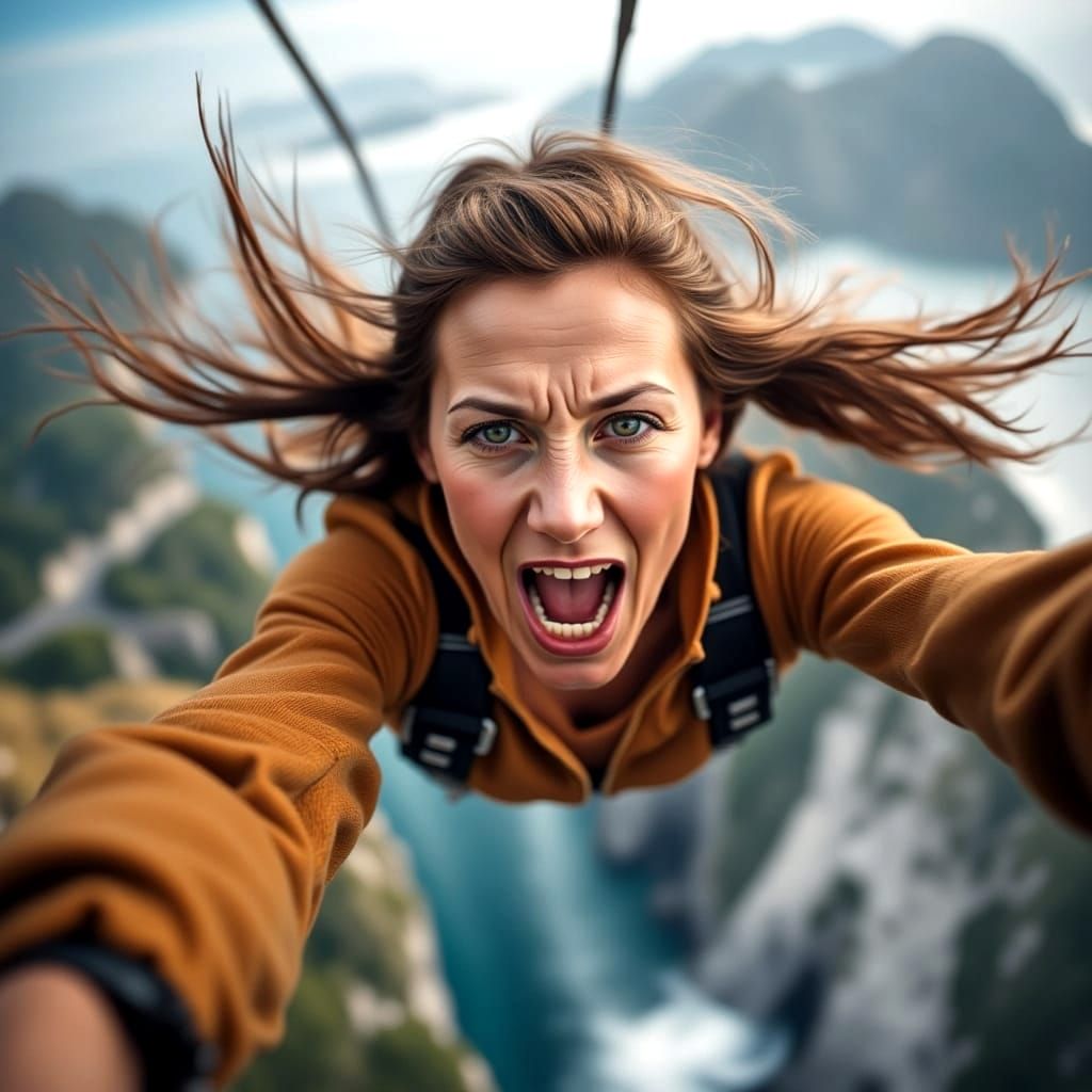 Woman's Fearful Bungee Jump in Hyper Photo Realism
