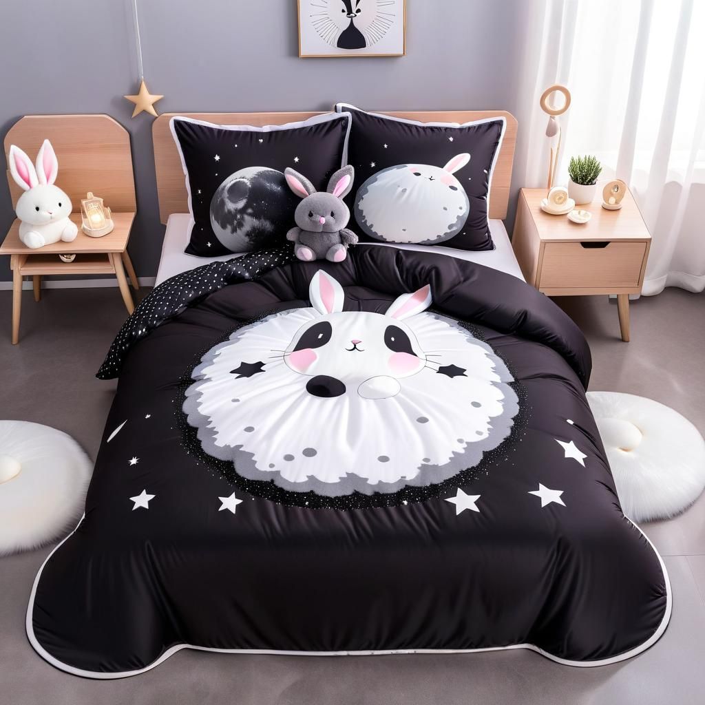 Cute Black Rabbit Plushie on Moon Bed