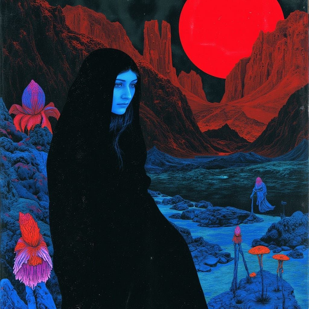 Ethereal Woman in Arid Desert with Bioluminescent Flora