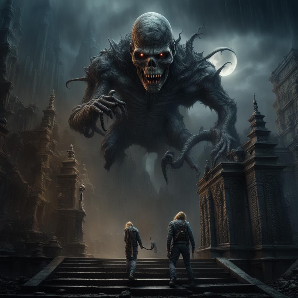 Eddie Iron Maiden Climbs from Crypt in Misty Night