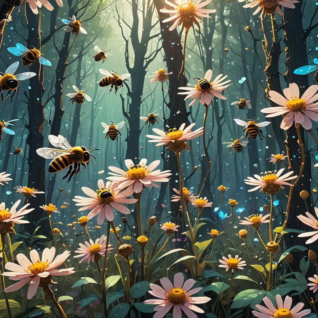 Bees Swarming Luminous Flower Essence Honeycomb