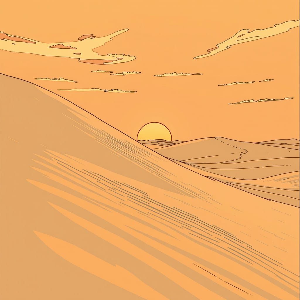 Saharan Dunes Rise at Sunrise in Vintage Comic Style