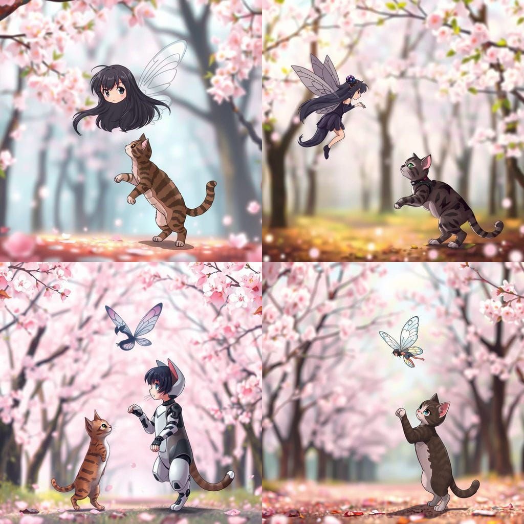 Anime Fairy and Mecha Cat in Cherry Blossom Grove