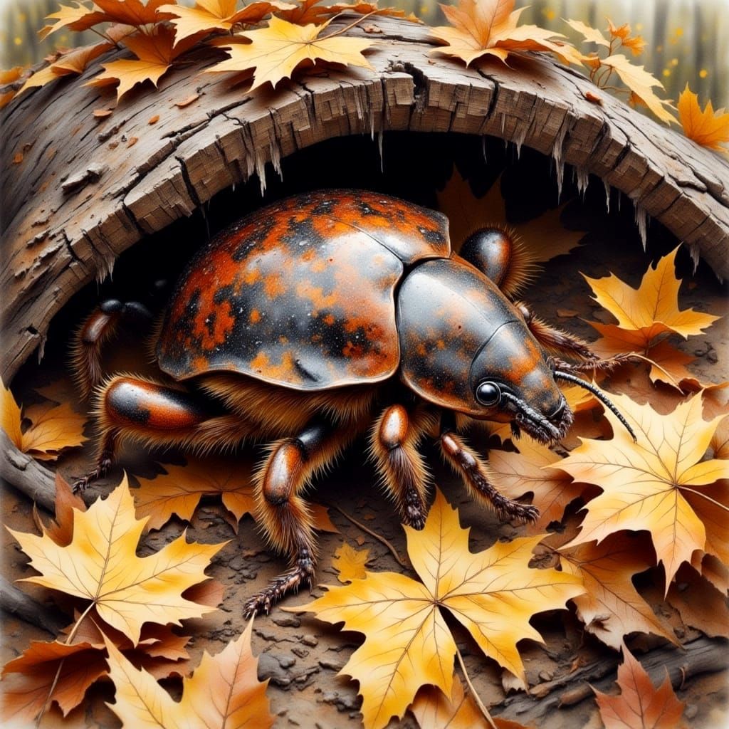 Hyperdetailed Brown Beetle Hiding Amidst Autumn Leaves