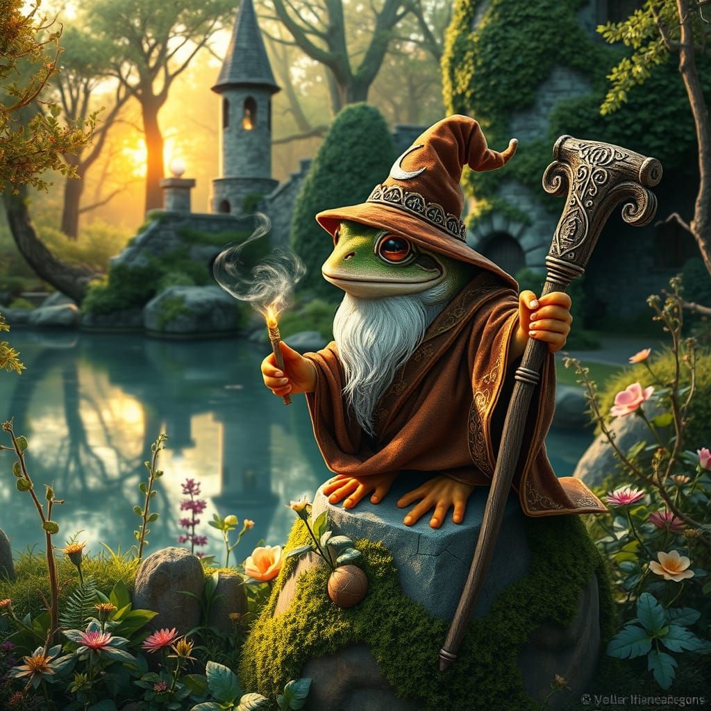 Enchanted Frog Wizard in Lush Garden Setting