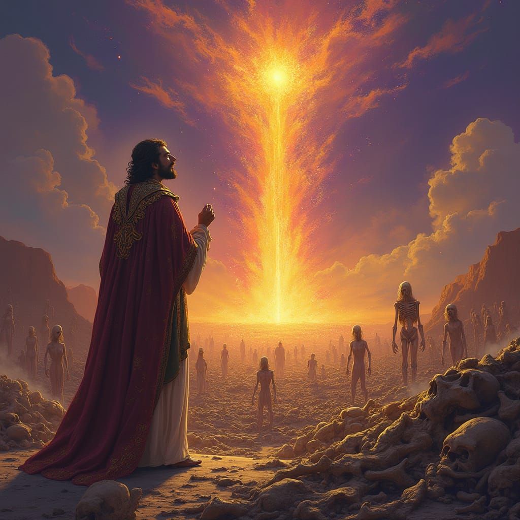 Ezekiel Awakens the Dry Bones in a Vibrant Art Nouveau Scene