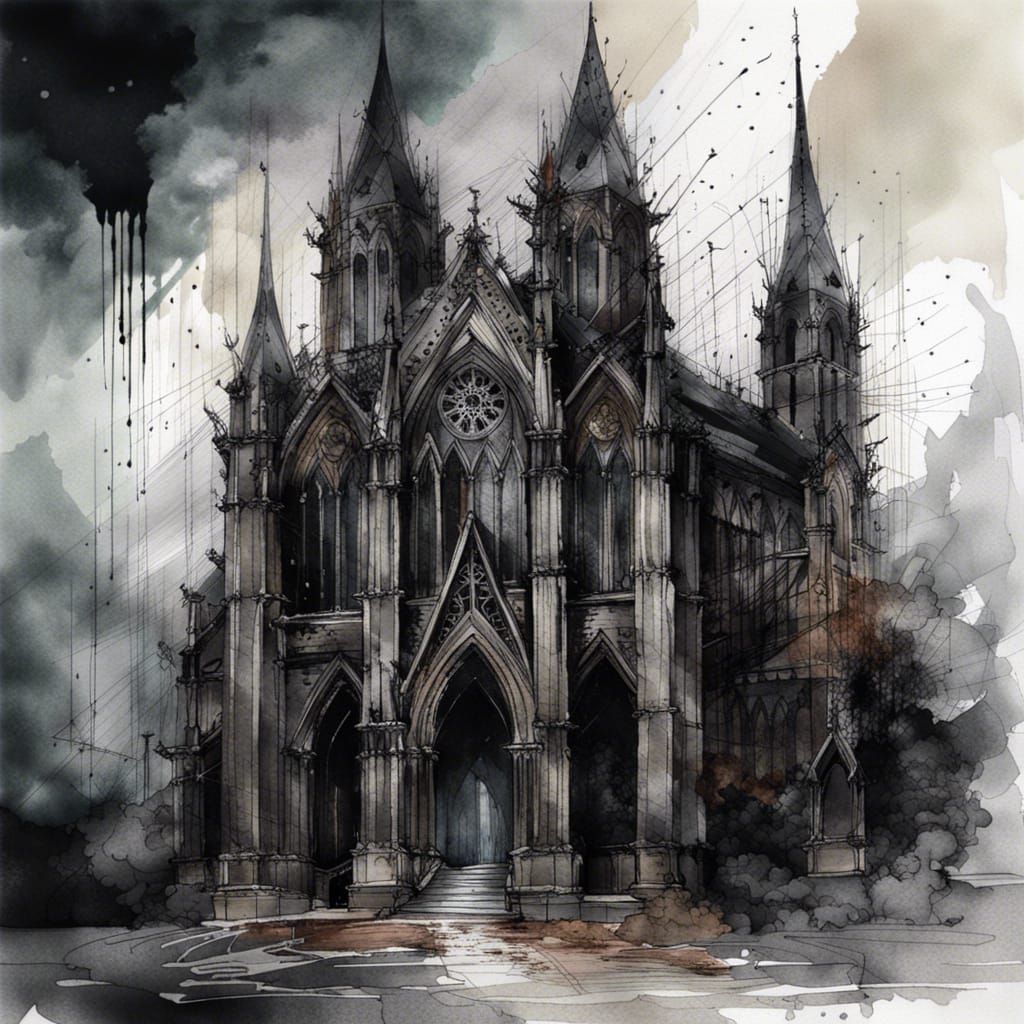 Dark Gothic Cathedral in Rain, Watercolor Sketch