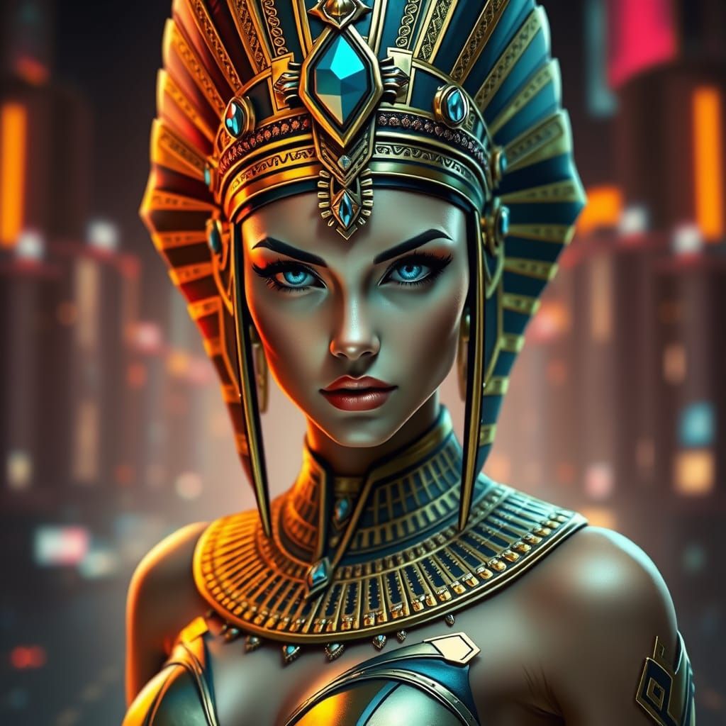 Futuristic Egyptian Queen with Neon Cityscape