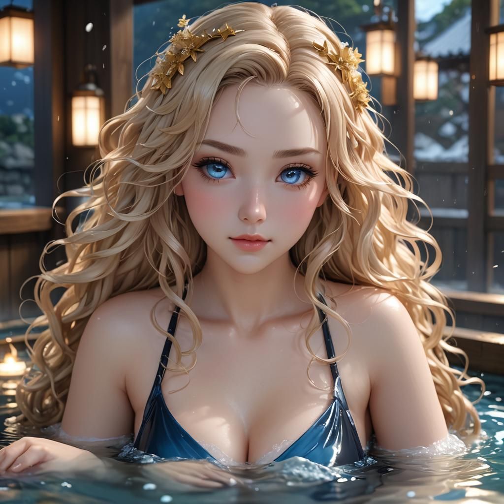 Anime Girl in Onsen Bath: 3D Art