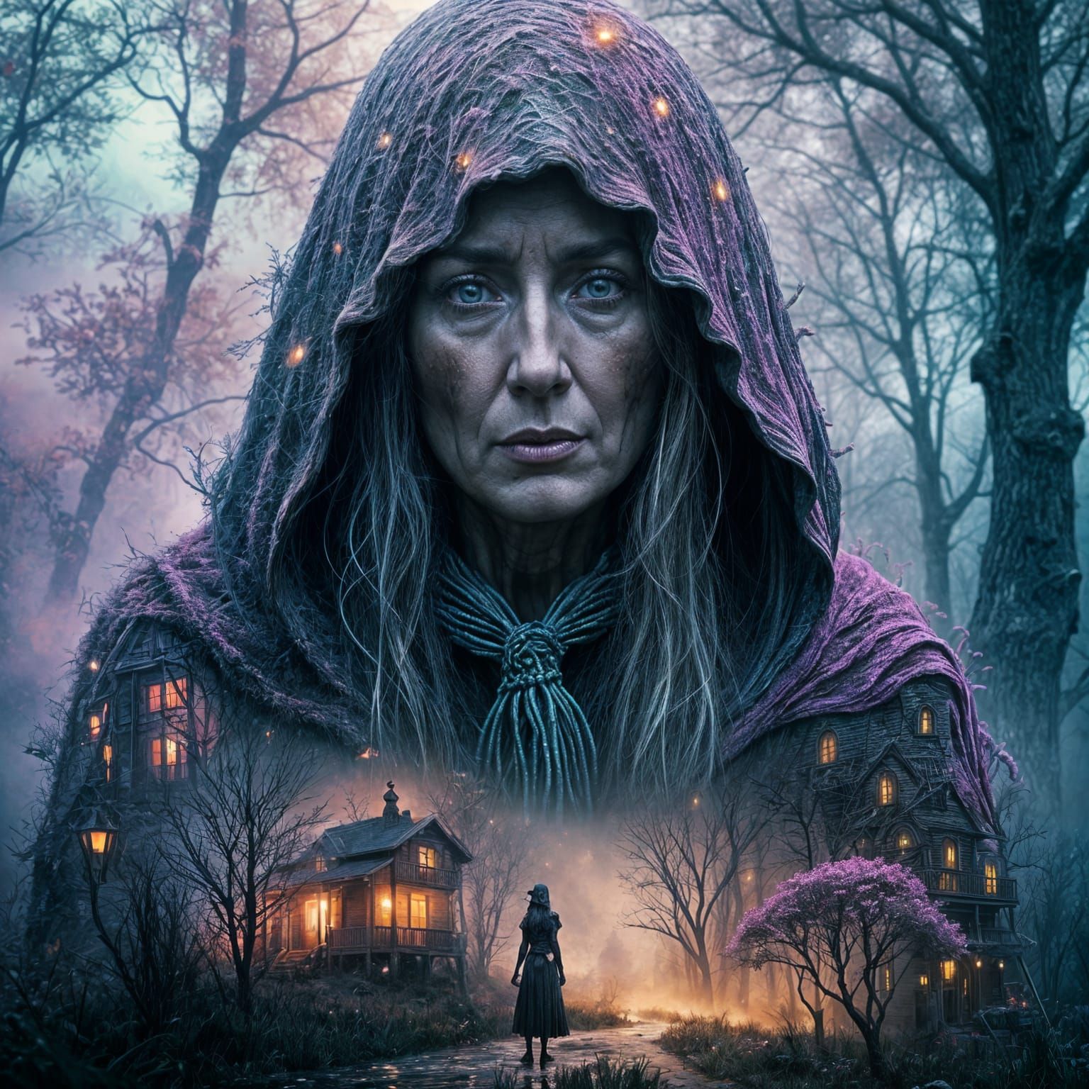 Surreal Witch Stands Before Cosmic Swampy Bayou in Triadic C...