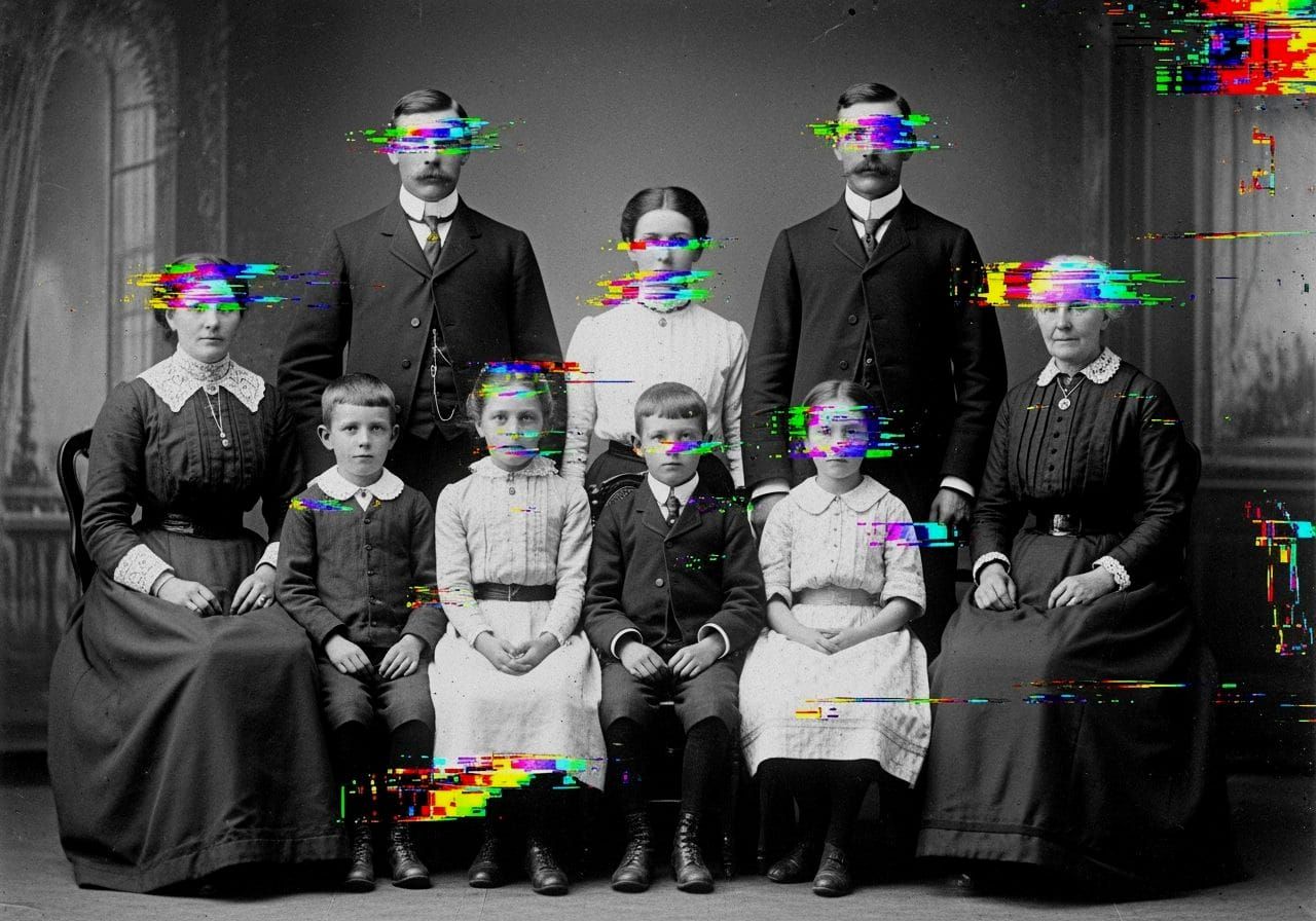 Distorted Vintage Family Portrait with Glitch Effects