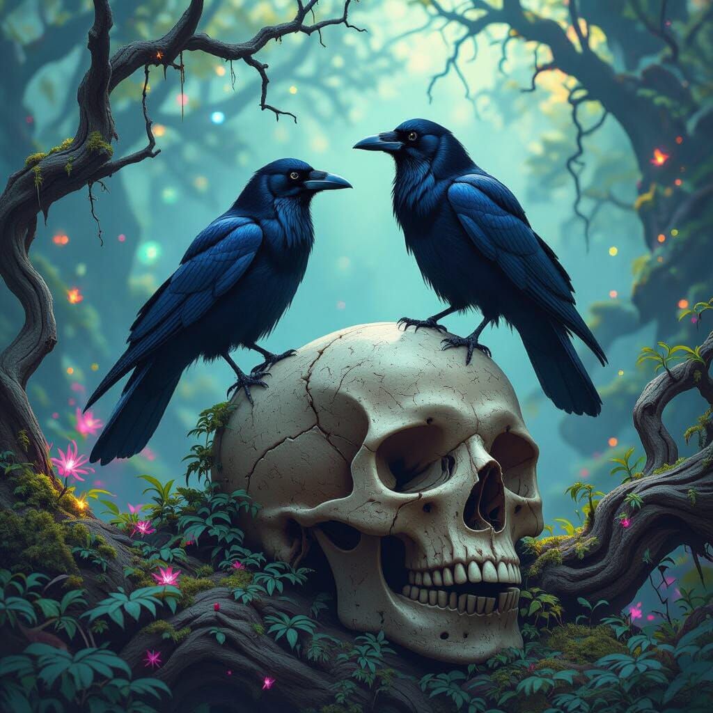 Mystical Crows in Enchanted Forest, Fantasy Concept Art