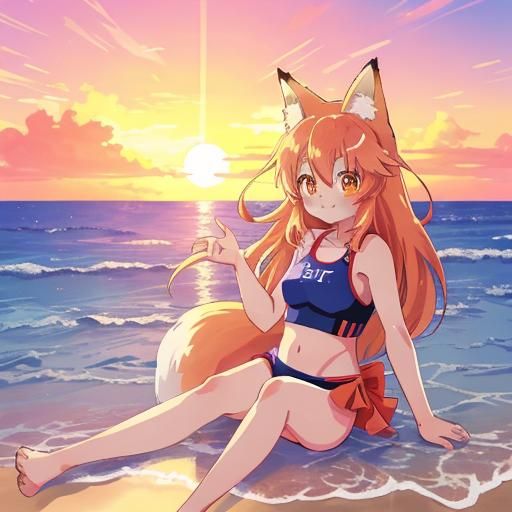 Anime Fox Girl at Sunset Beach