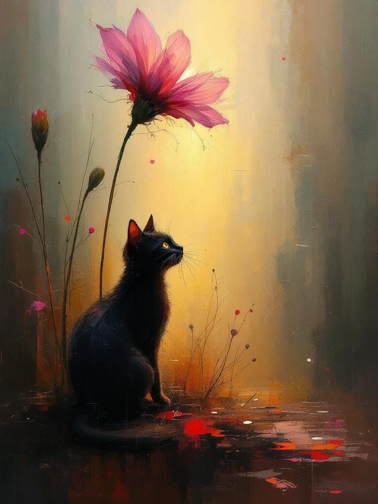 Cat Under Flower with Flickering Light Effects
