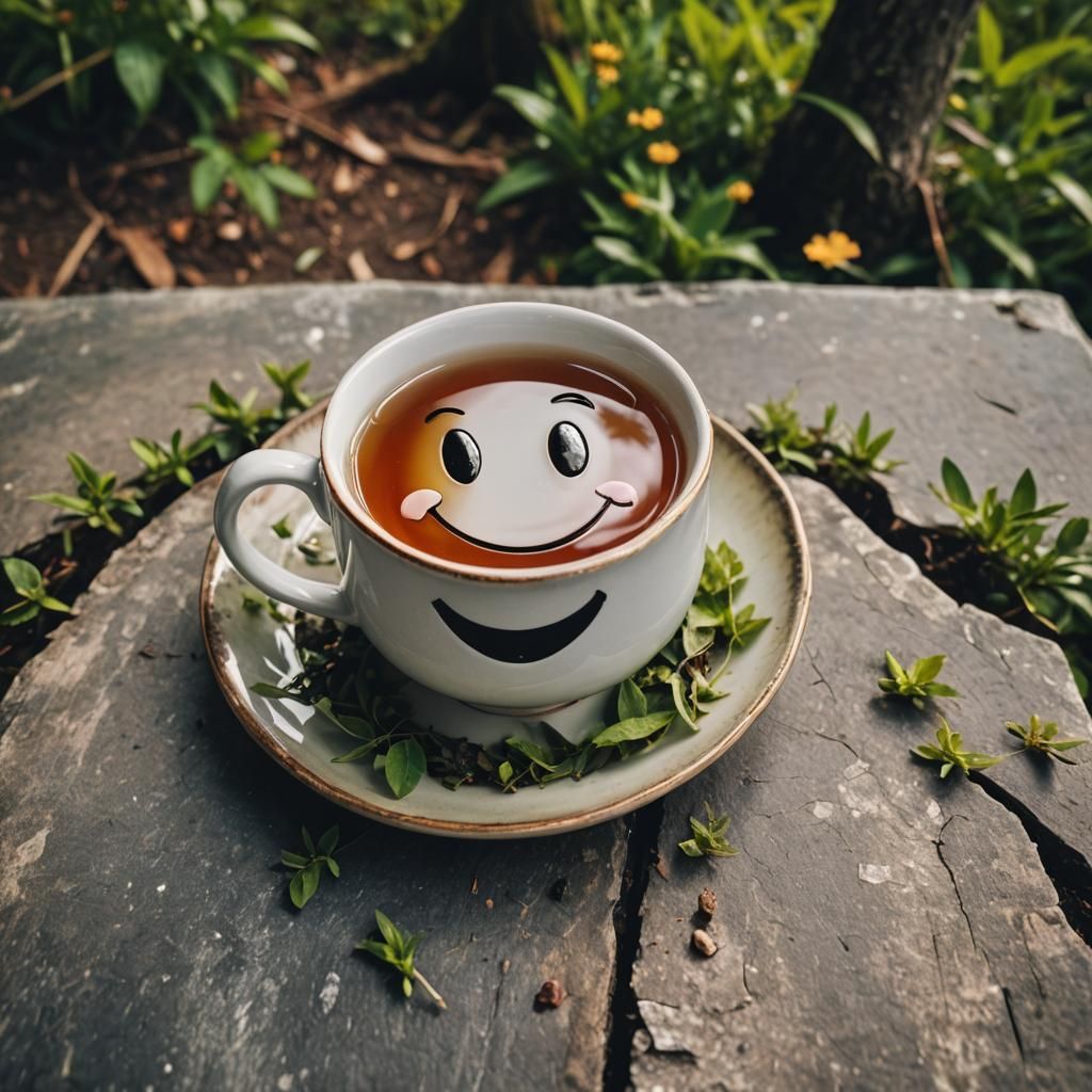 Happy Teacup in Nature: Cinematic Film Still