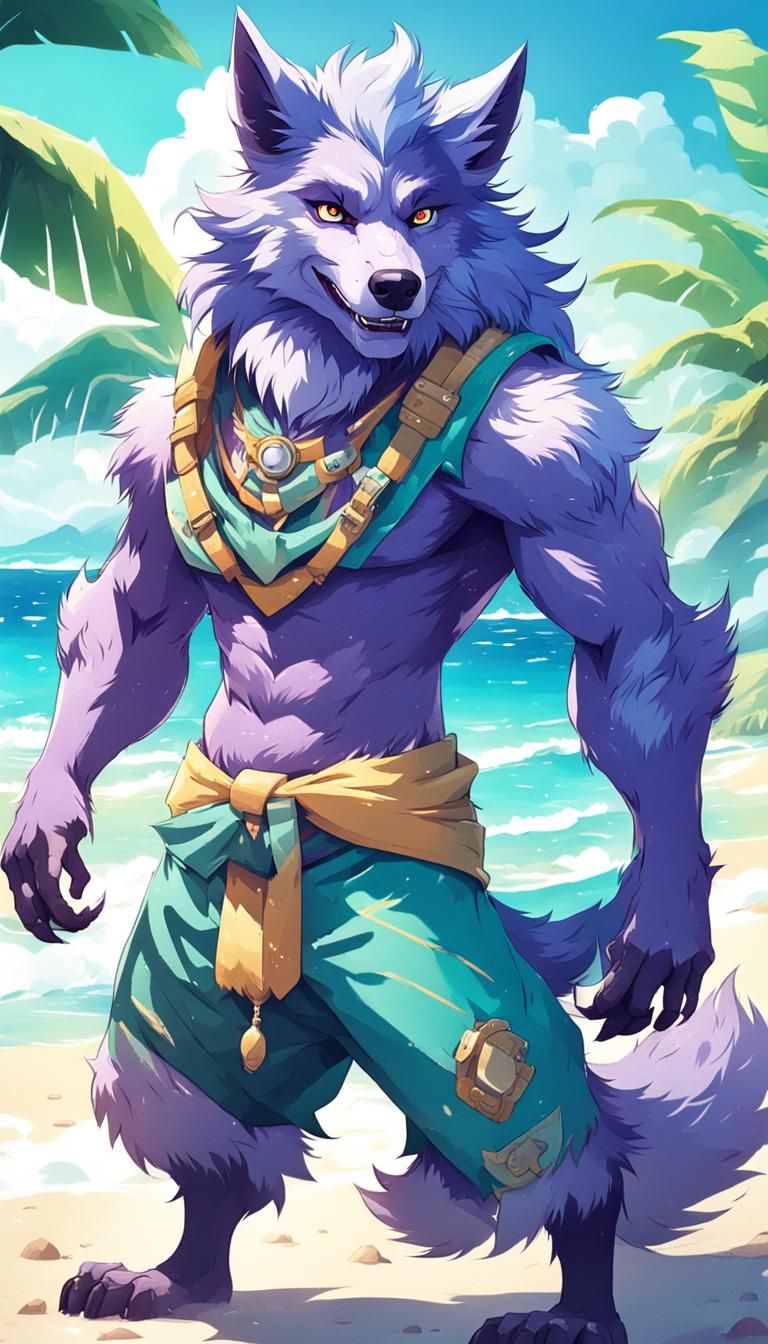 Anime Style Blue Wolf on Tropical Beach