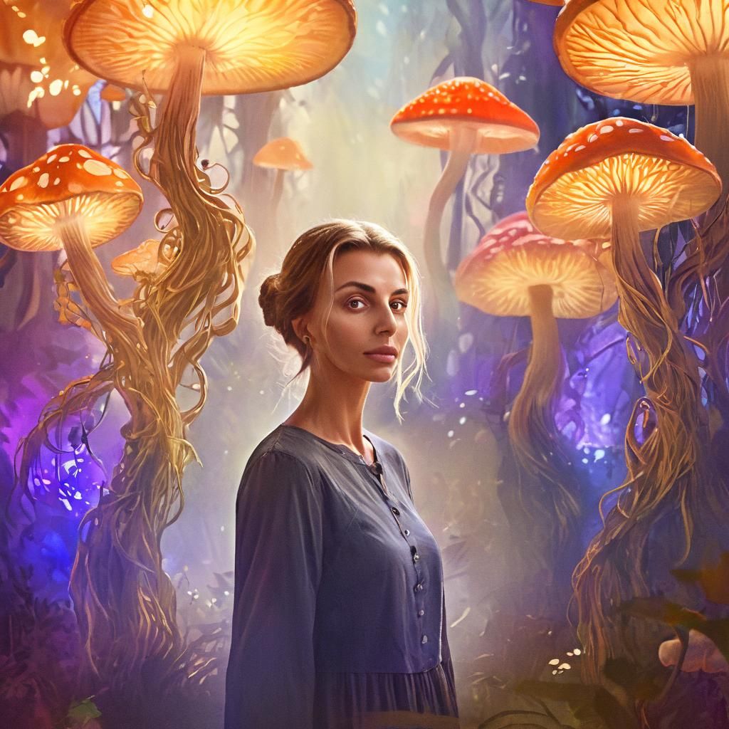Enchanted Glade: Girl Surrounded by Glowing Mushrooms
