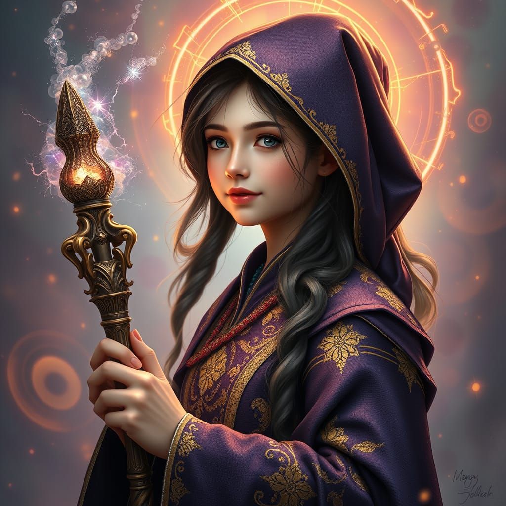 Young Wizard in Mystical Robes Surrounds Herself with Magica...