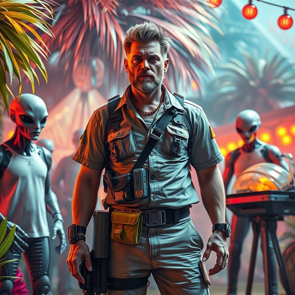 Futuristic Dad at Cybergarden Party in Cyberpunk Style