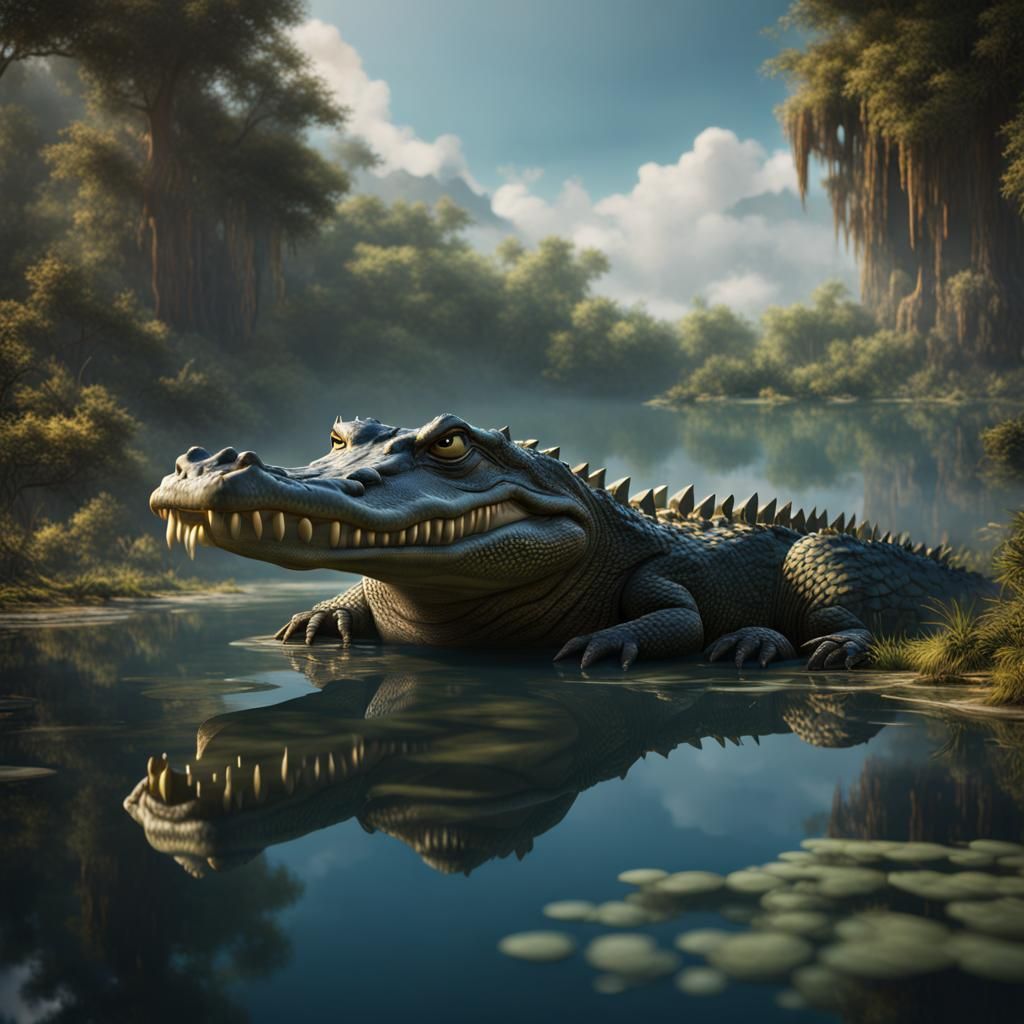 Alligator in a Fantasy Lake, Detailed Matte Painting