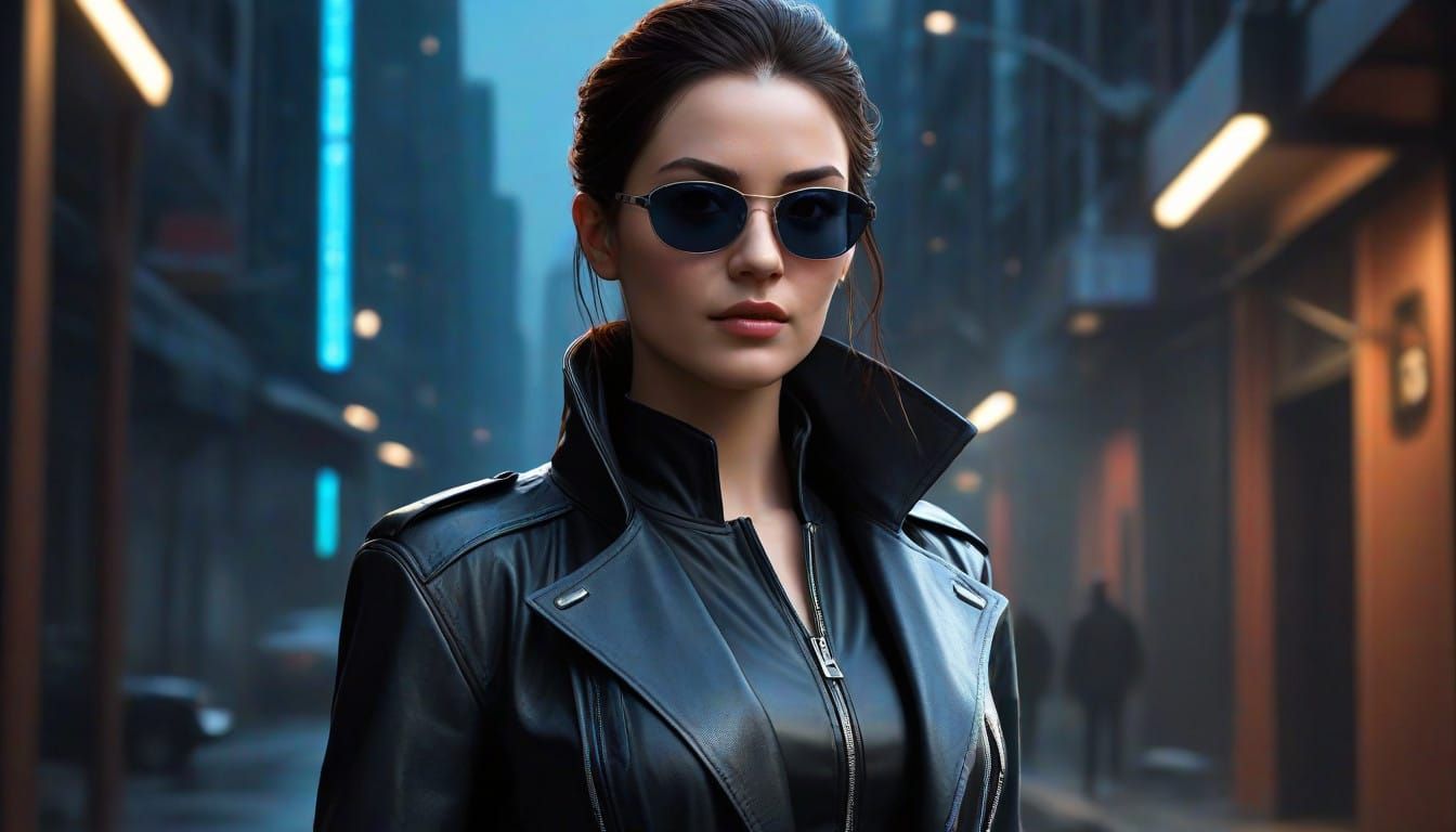 Enigmatic Trinity Figure in Dark, Futuristic Attire