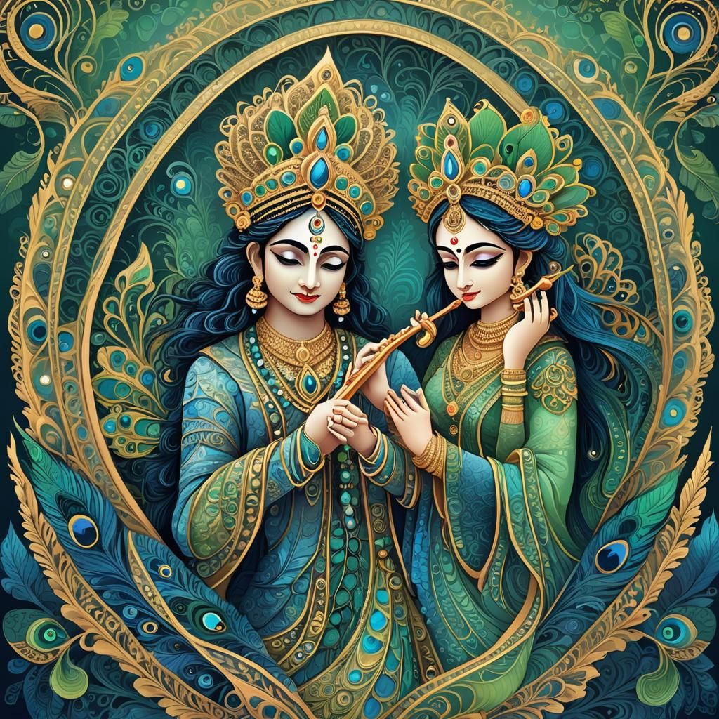 Krishna and Radha in Peacock Frame, Abstract Vector