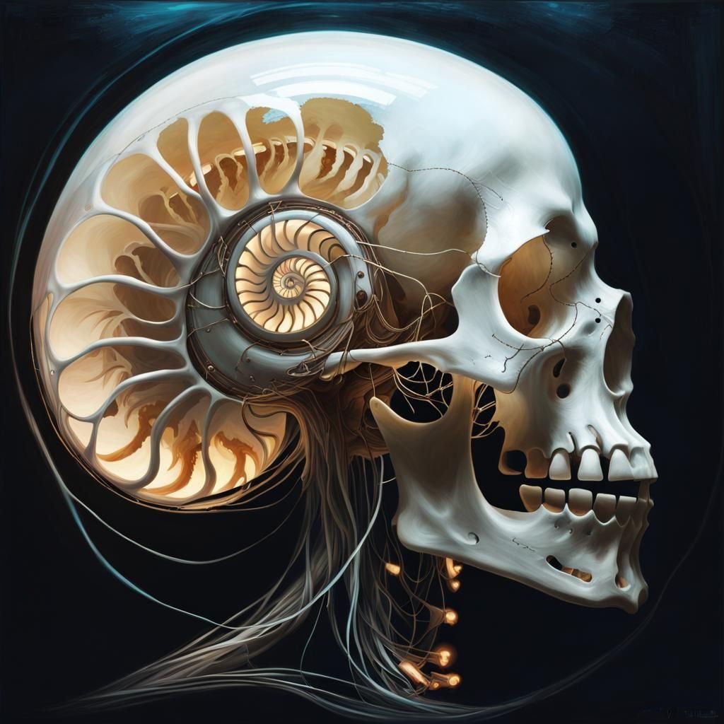 Glowing Nautilus Skull in Cyberpunk Steampunk Style