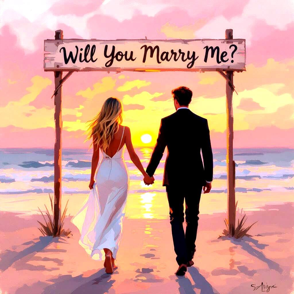 Romantic Beach Proposal at Sunset Oil Painting