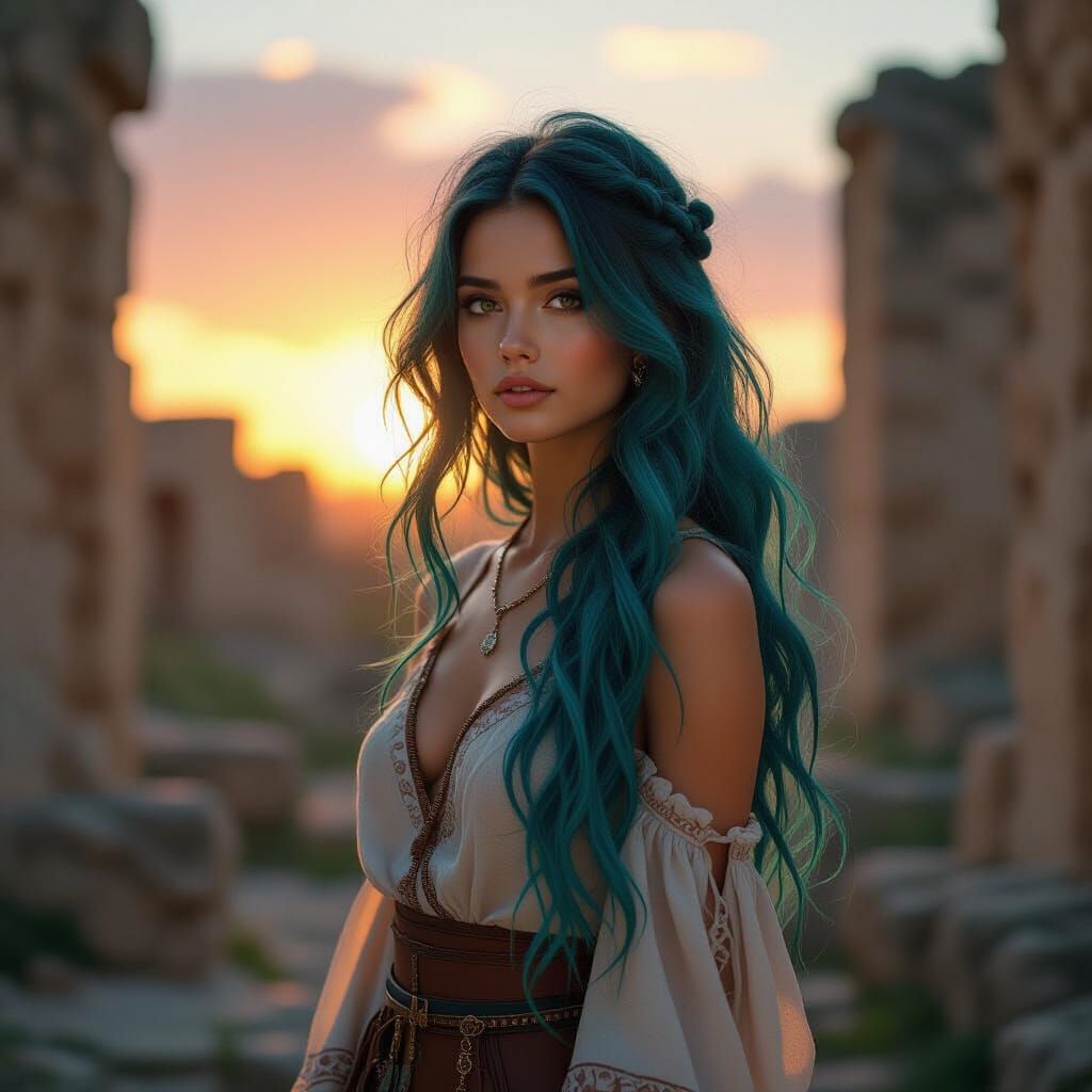Bohemian Cyberpunk Woman in Ancient Ruins at Sunset
