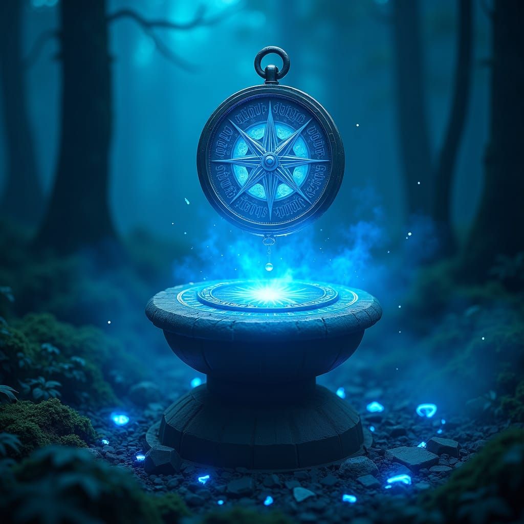 Magical Compass in Enchanted Forest, Ethereal Scene
