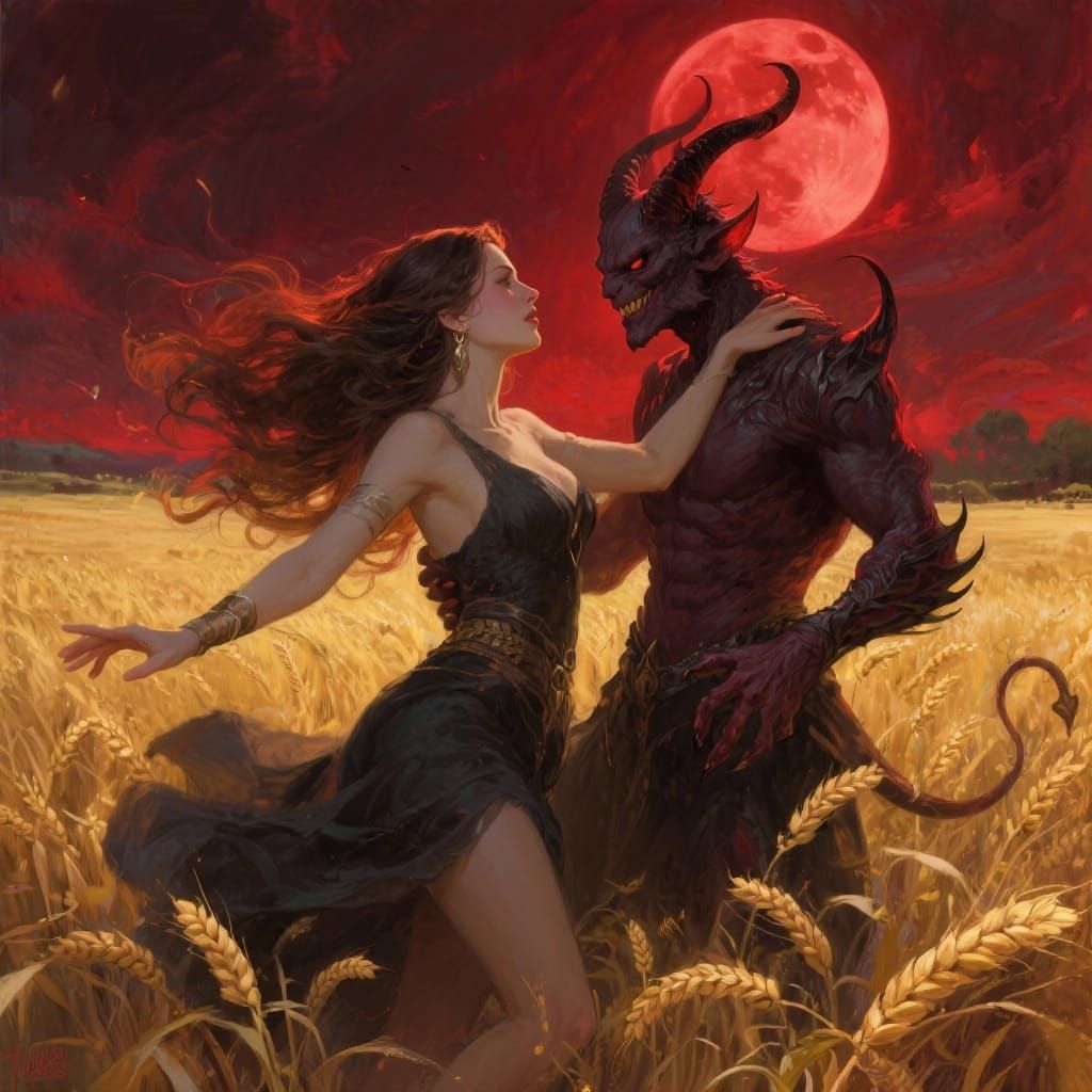 Woman Dances With Demon Under Red Moonlit Sky
