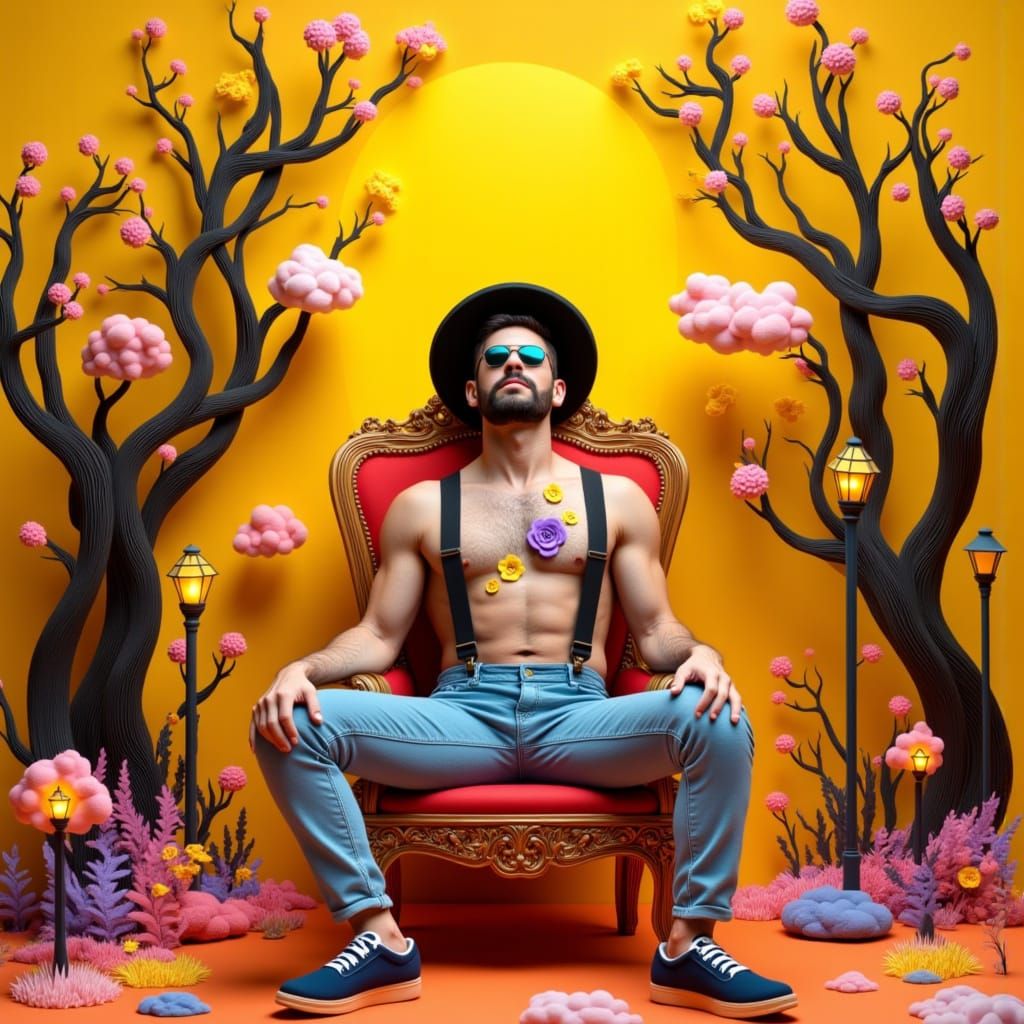 Man in Ornate Chair Under Surreal Yellow Sky