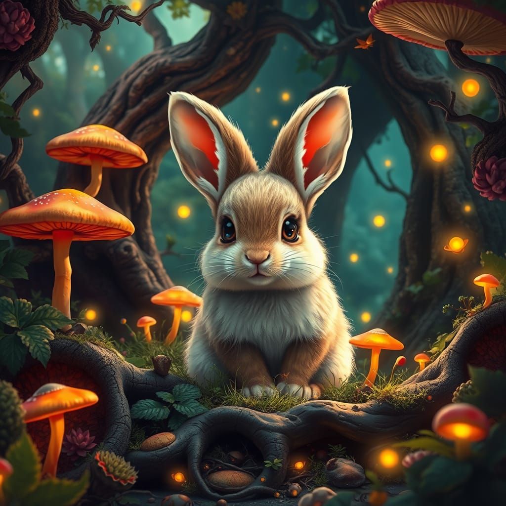 Magical Forest Wonderland with Adorable Baby Rabbit
