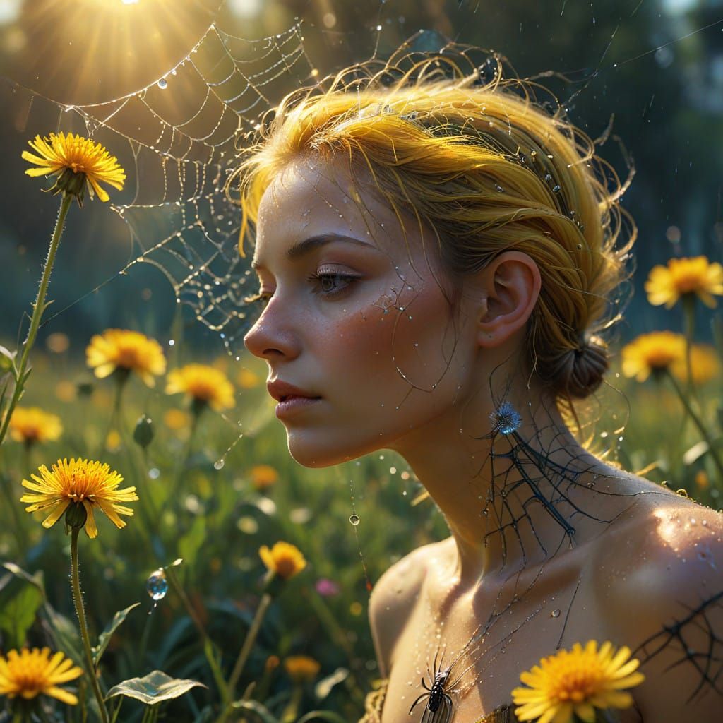 Golden Morning Dance of Dandelions and Spider Web