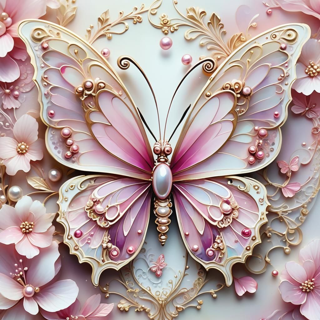 Ornate Pink Butterfly in Watercolor with Pearls